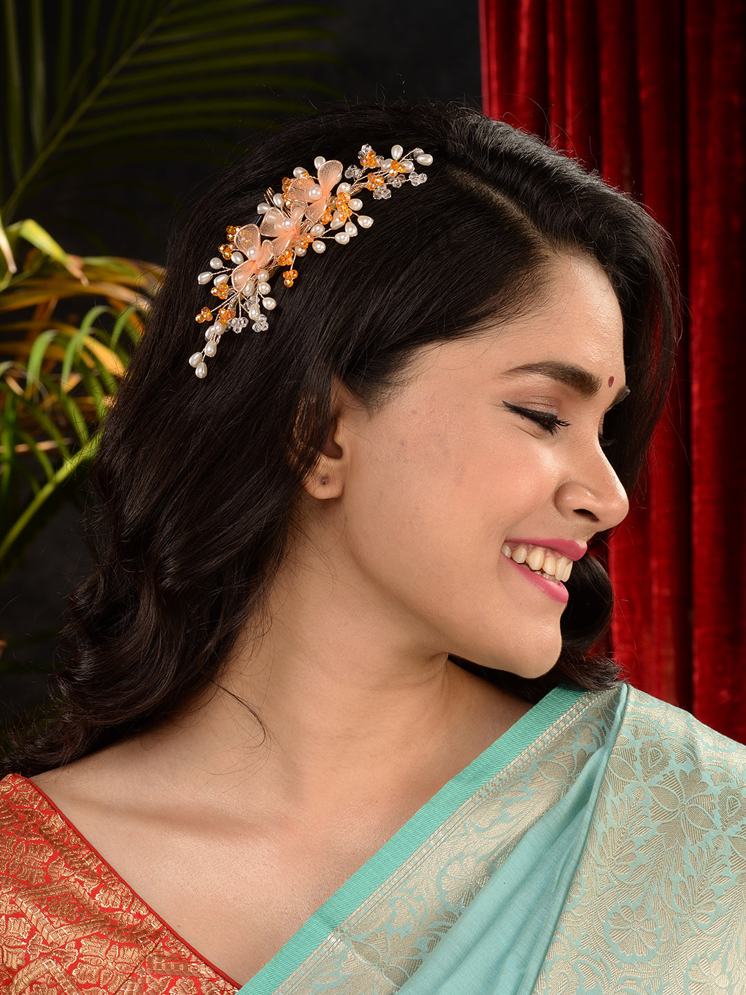 Gold Toned & Orange Stocking Flowers Beaded Hair Accessory, zaveri pearls, sale price rs, sale price, sale gold plated, sale gold, sale, rubans, ring, regular price, priyassi jewellery, kusha